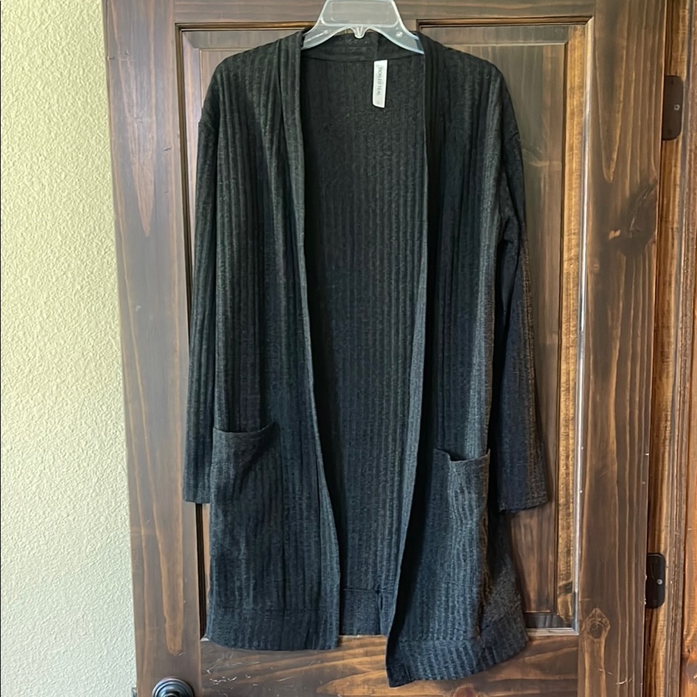 Tickled Teal Black Cardigan Sweater with Pockets Size L